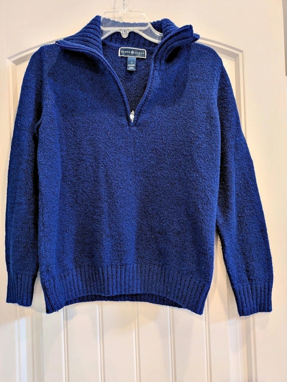 Karen Scott Marled-Knit Quarter-Zip Sweater Blue Cowl Neck Sweater Small